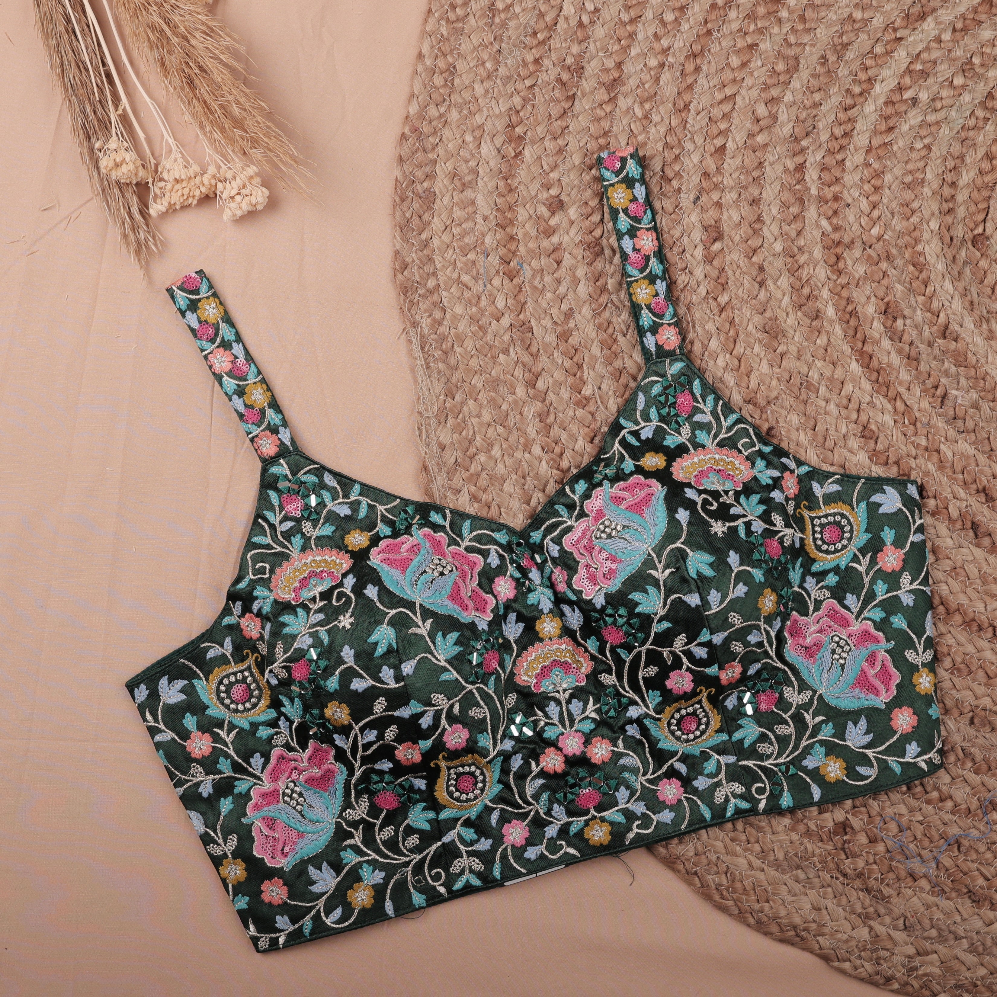 GREEN  MULTI COLOUR FLORAL  SPAGHETI BLOUSE