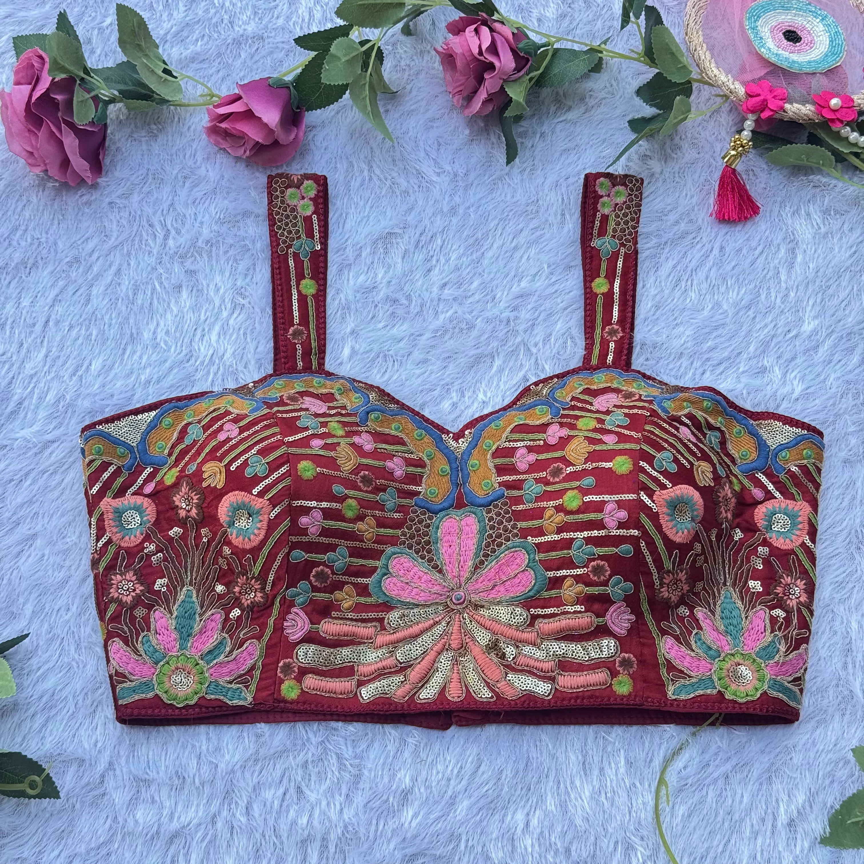 FESTIVE FLORAL EMBROIDERY MEROON SPAGHETTI BLOUSE