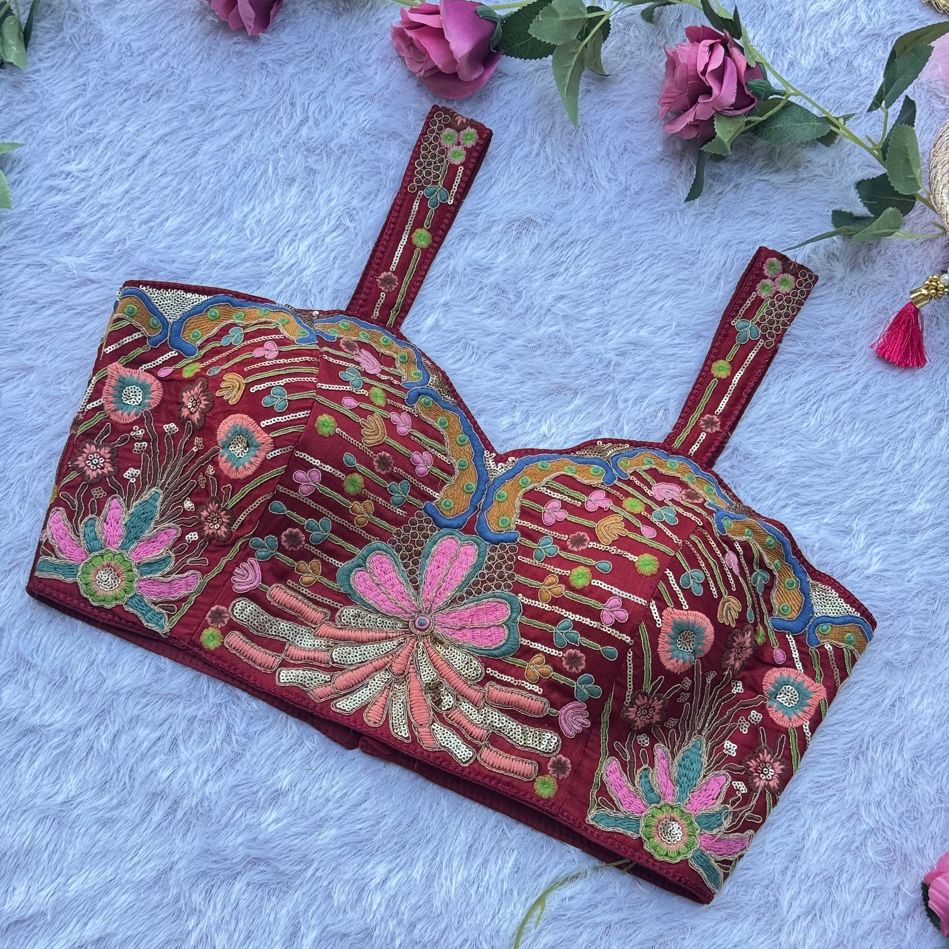 FESTIVE FLORAL EMBROIDERY MEROON SPAGHETTI BLOUSE