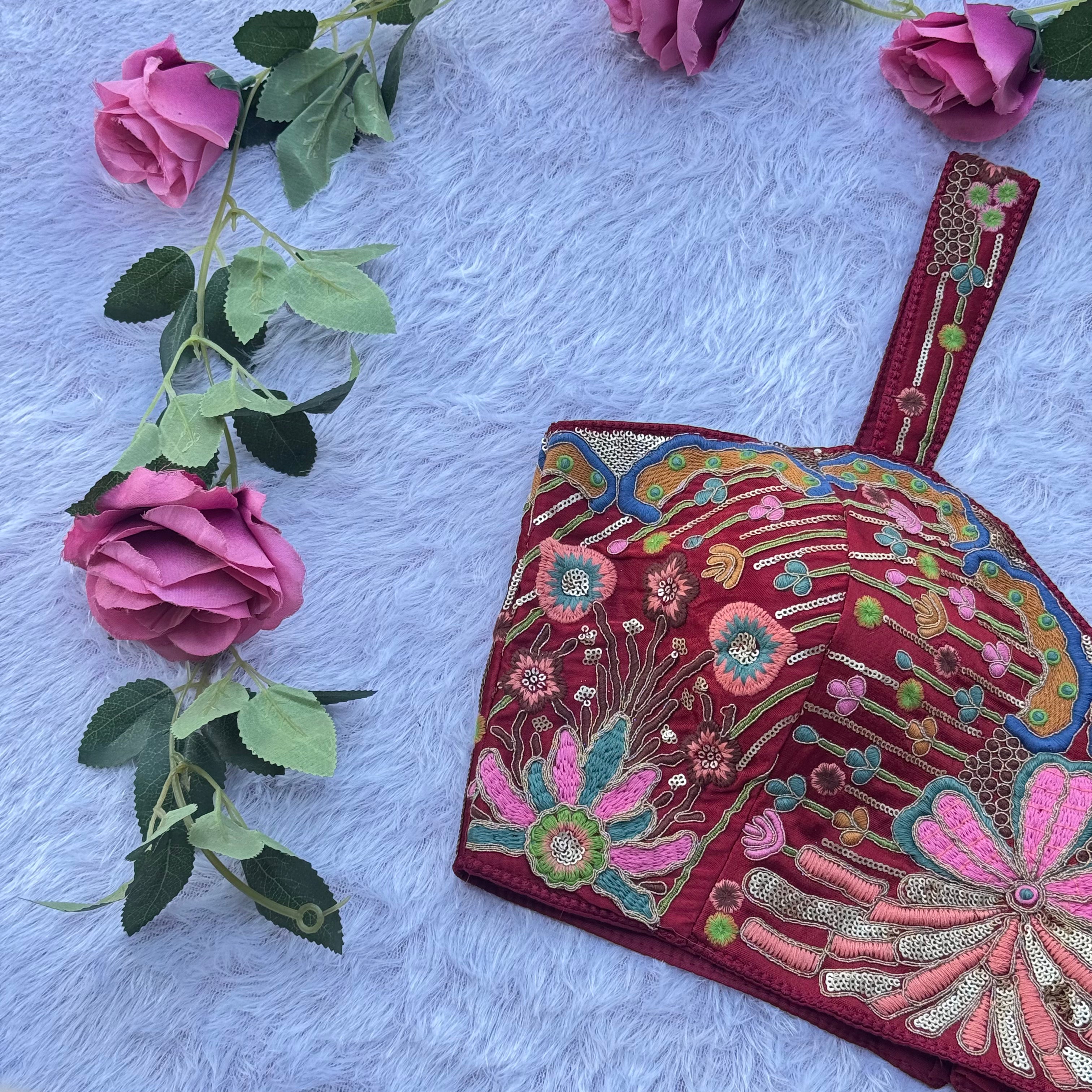 FESTIVE FLORAL EMBROIDERY MEROON SPAGHETTI BLOUSE