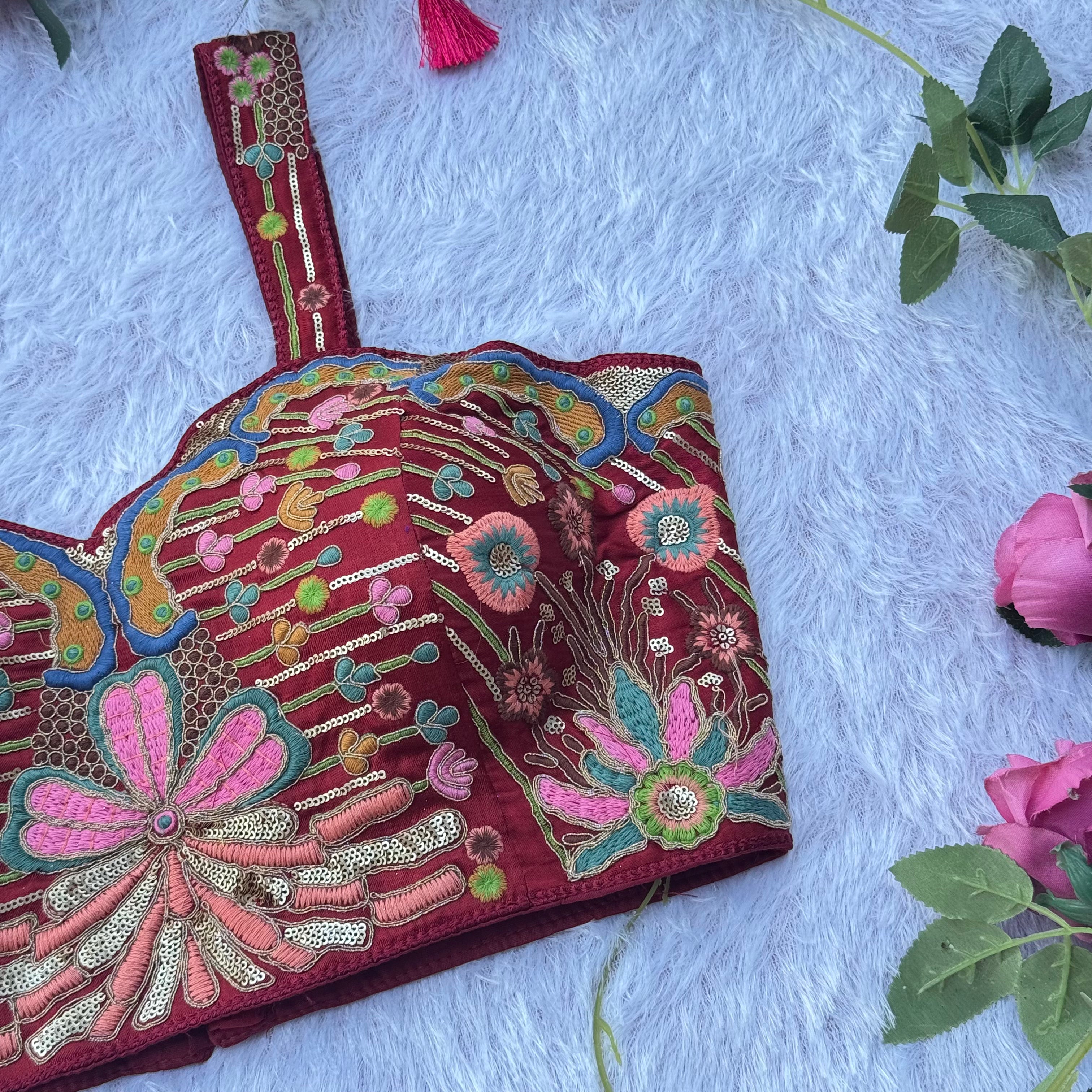 FESTIVE FLORAL EMBROIDERY MEROON SPAGHETTI BLOUSE