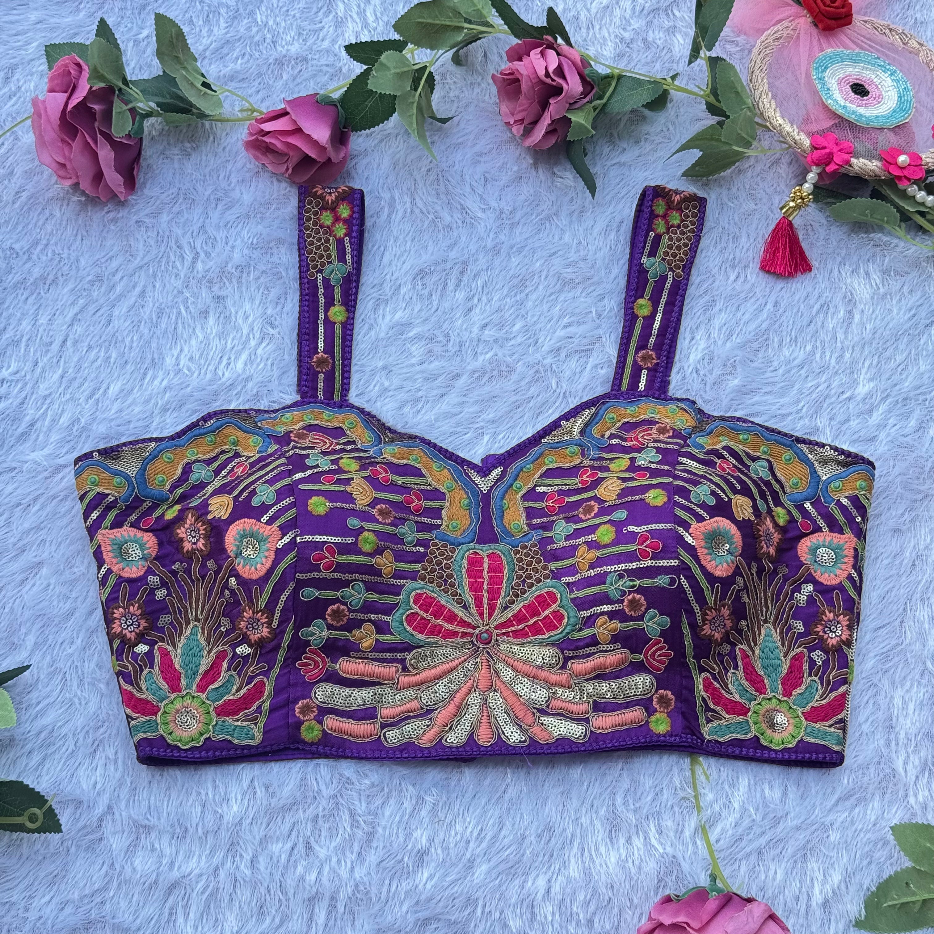 FESTIVE FLORAL EMBROIDERY PURPULE SPAGHETTI BLOUSE