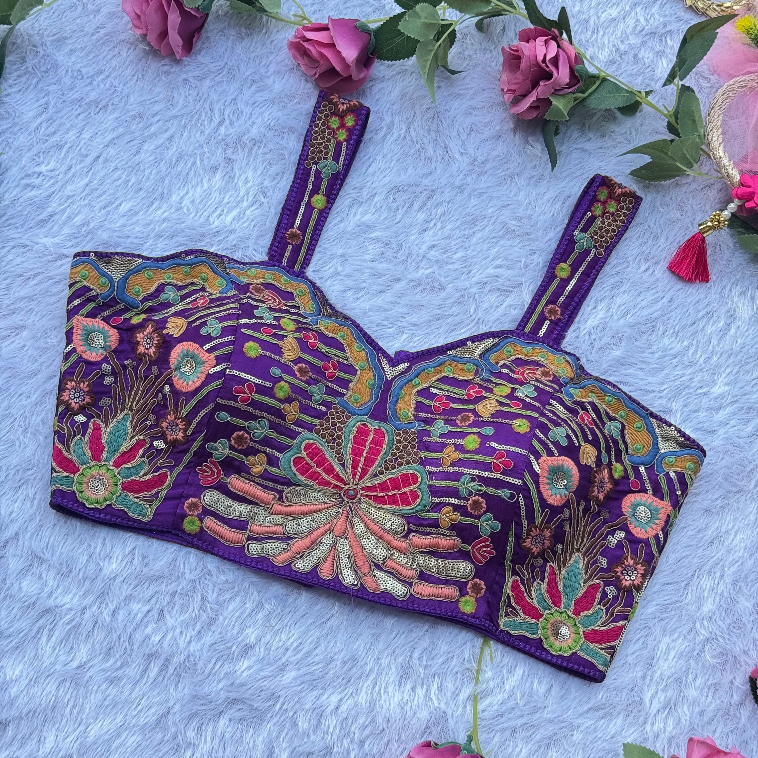 FESTIVE FLORAL EMBROIDERY PURPULE SPAGHETTI BLOUSE