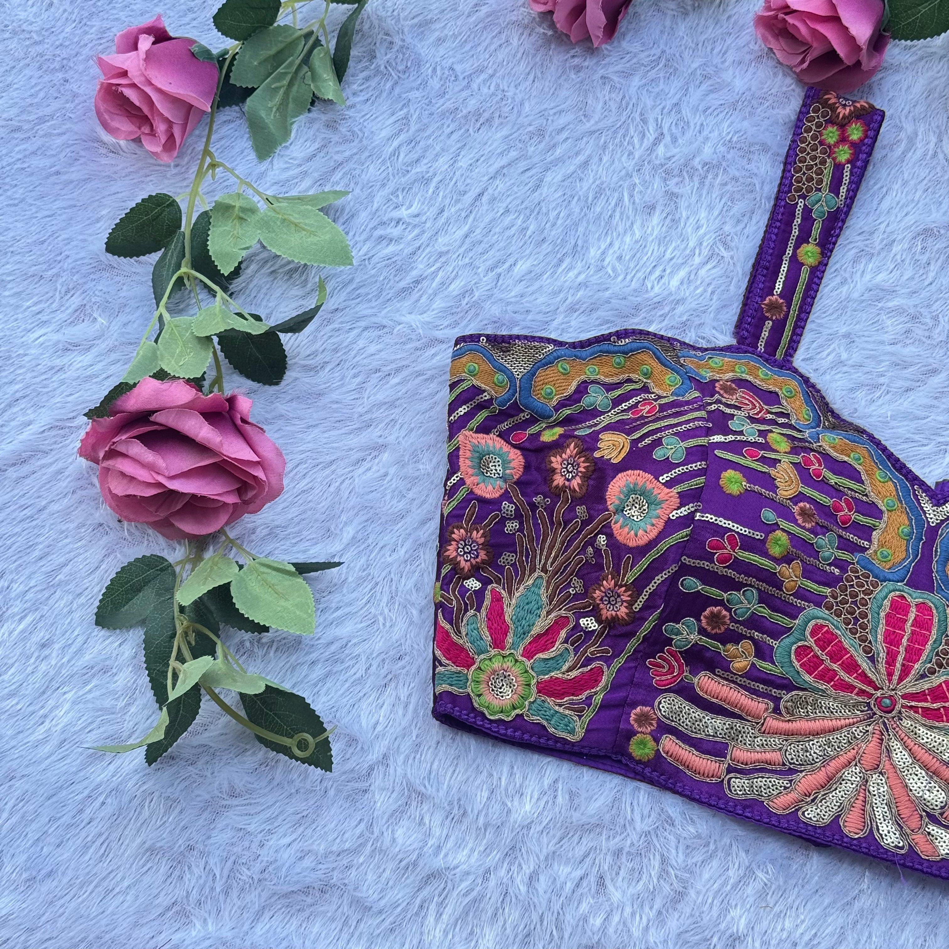 FESTIVE FLORAL EMBROIDERY PURPULE SPAGHETTI BLOUSE