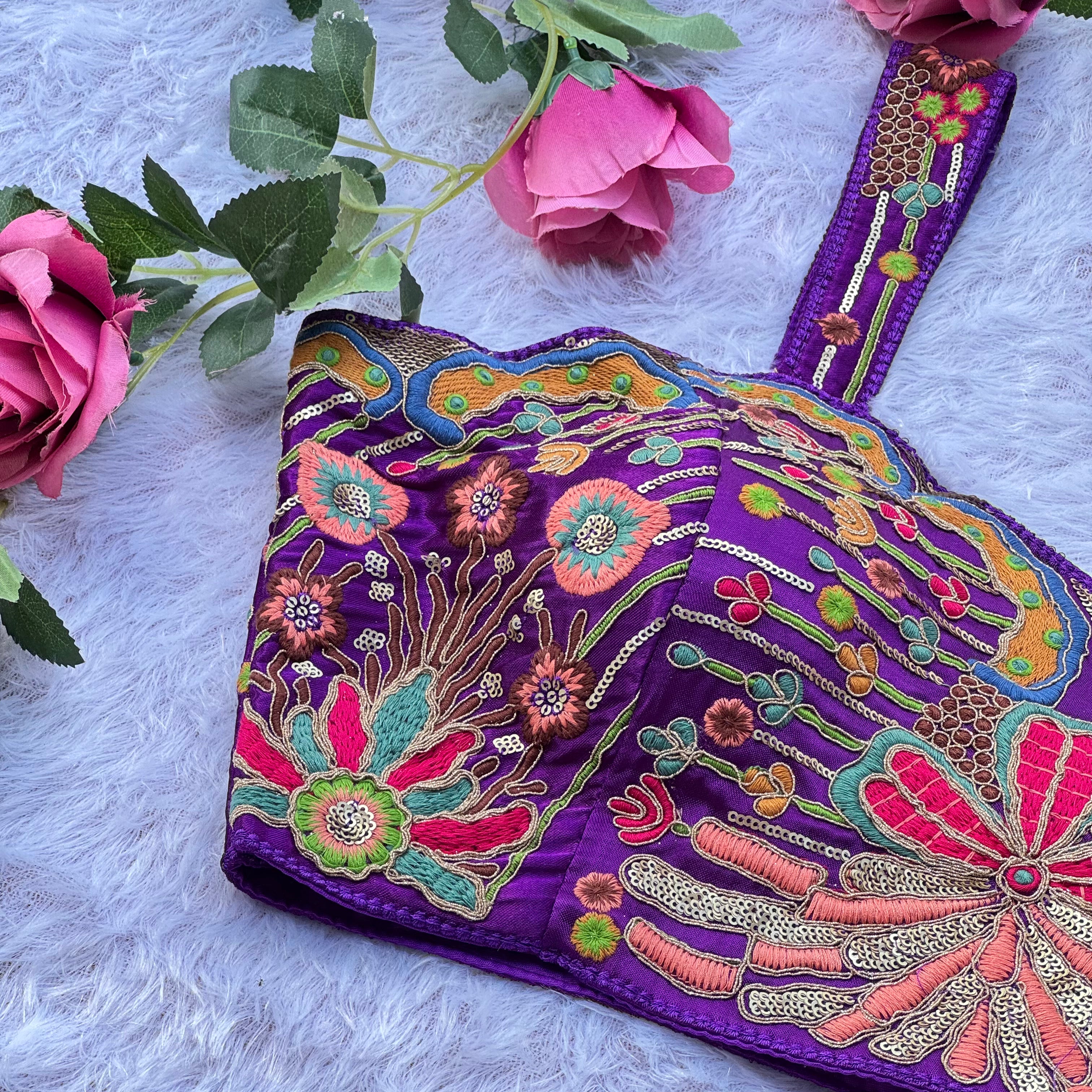 FESTIVE FLORAL EMBROIDERY PURPULE SPAGHETTI BLOUSE