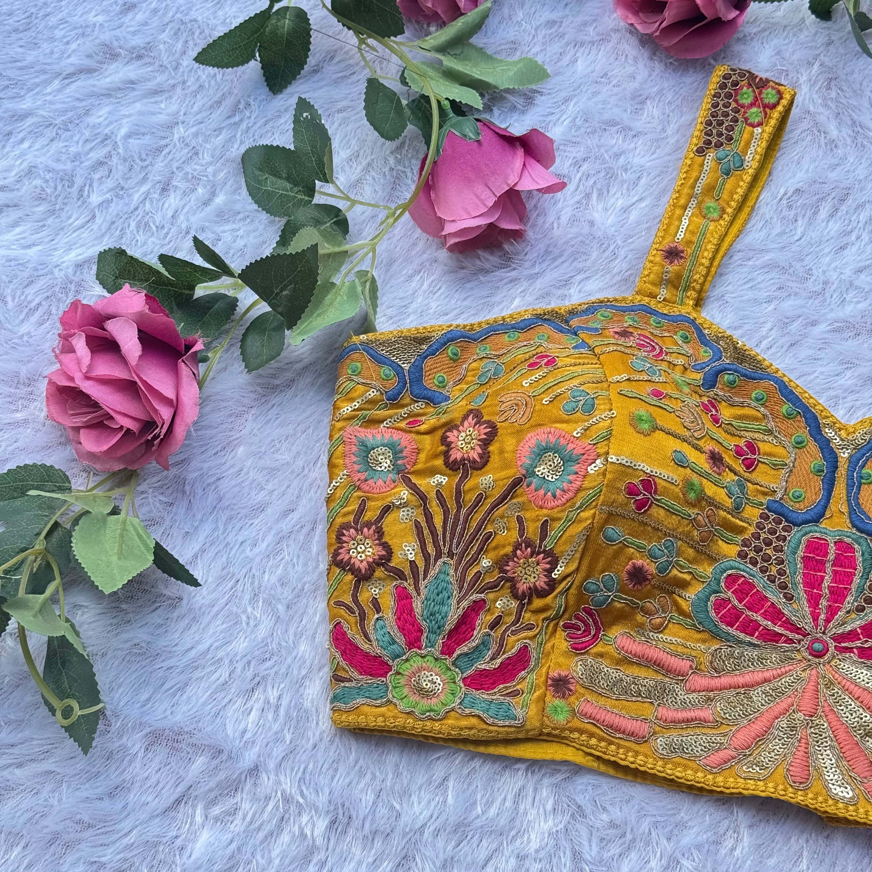FESTIVE FLORAL EMBROIDERY MUSTURED YELLOW SPAGHEETTI BLOUSE
