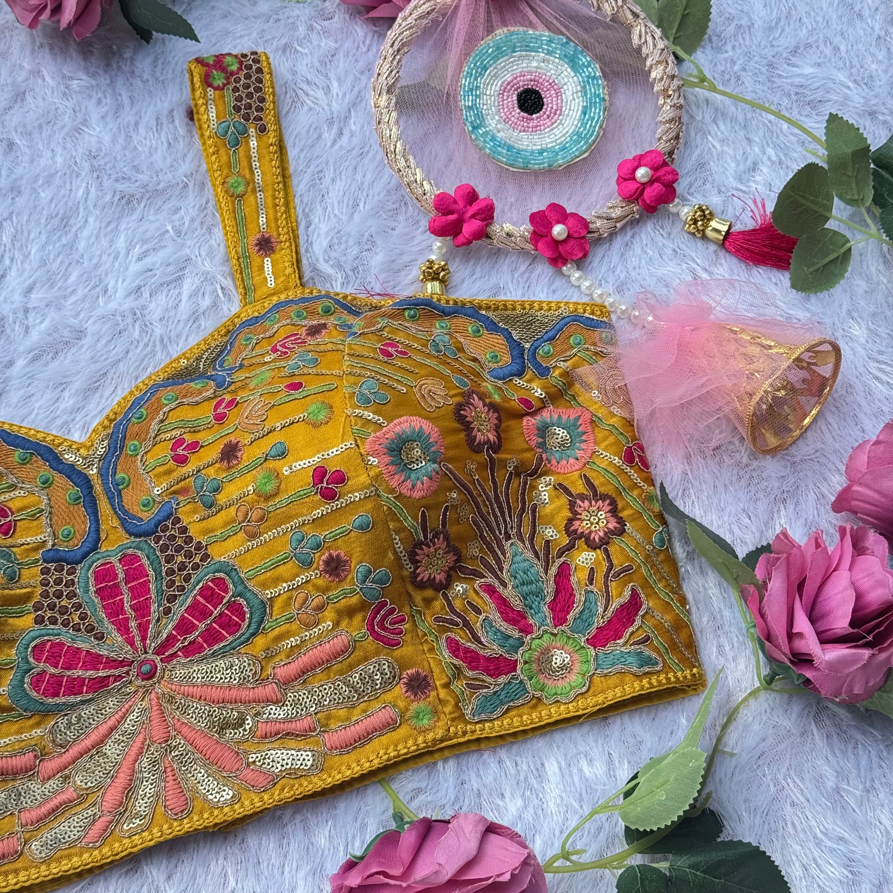 FESTIVE FLORAL EMBROIDERY MUSTURED YELLOW SPAGHEETTI BLOUSE