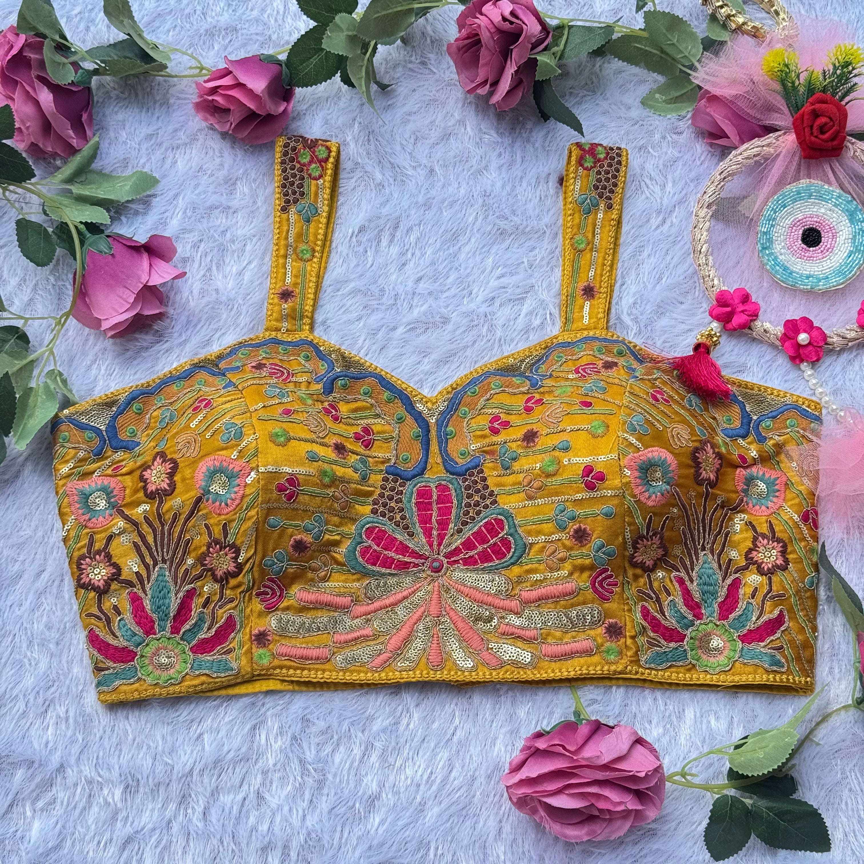 FESTIVE FLORAL EMBROIDERY MUSTURED YELLOW SPAGHEETTI BLOUSE