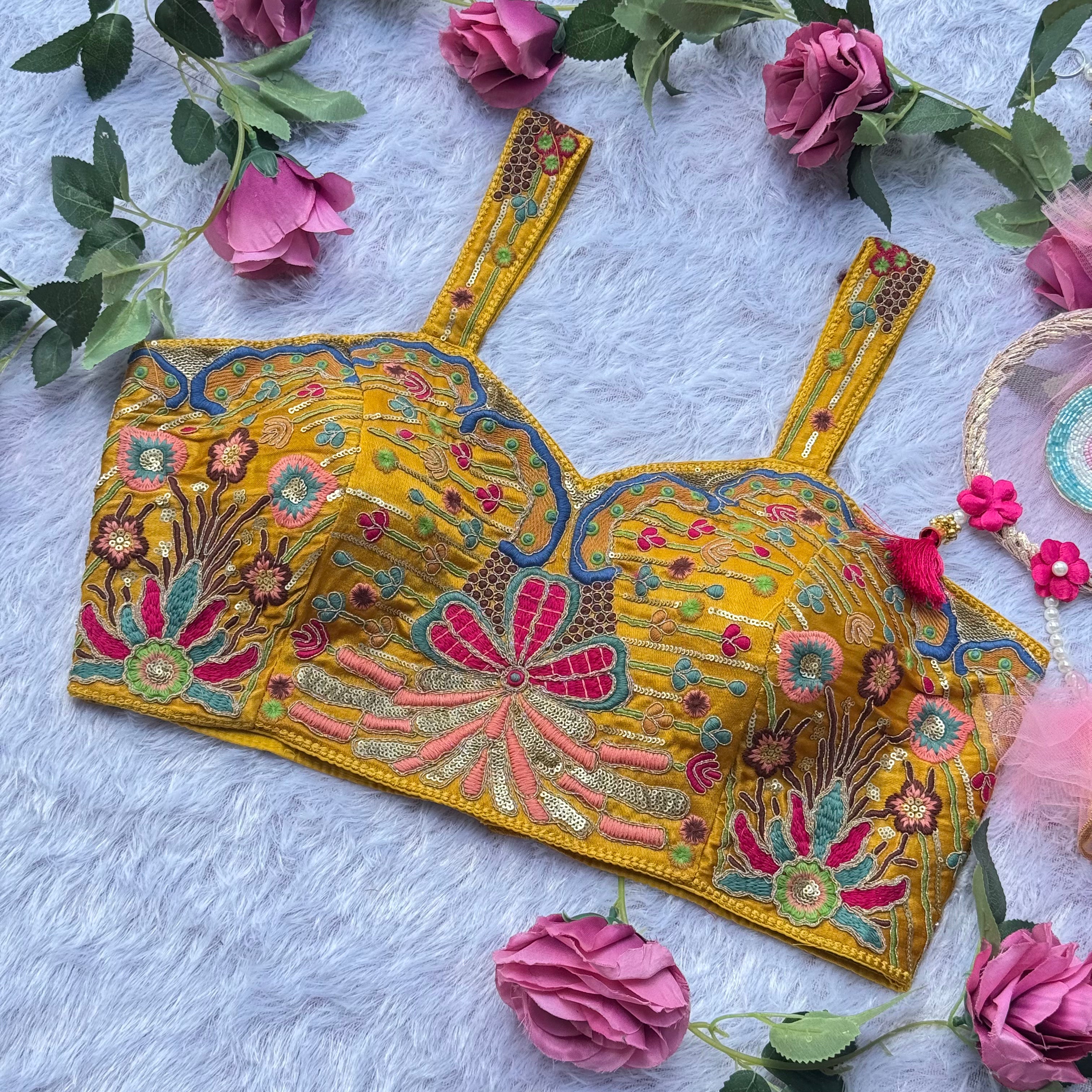 FESTIVE FLORAL EMBROIDERY MUSTURED YELLOW SPAGHEETTI BLOUSE