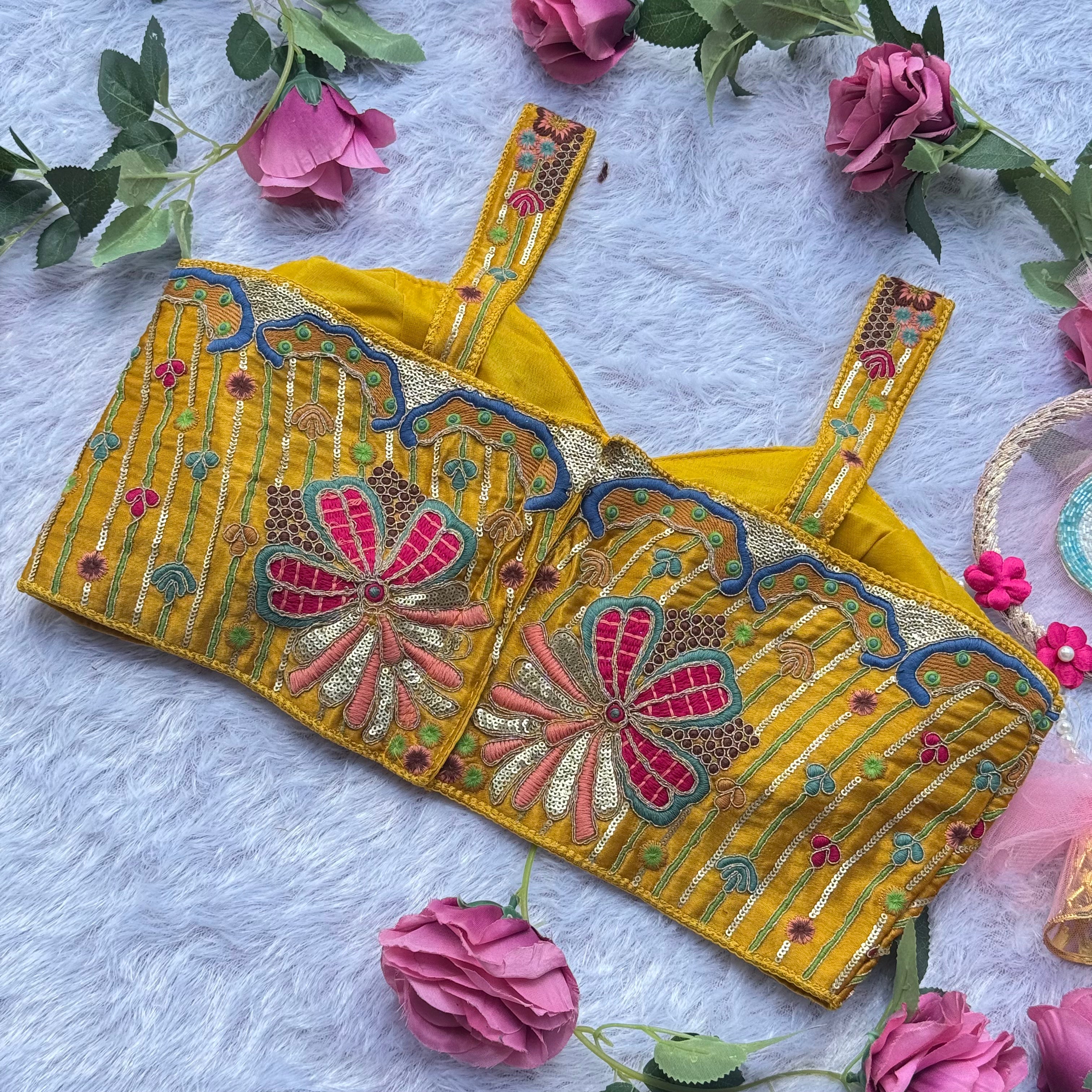 FESTIVE FLORAL EMBROIDERY MUSTURED YELLOW SPAGHEETTI BLOUSE