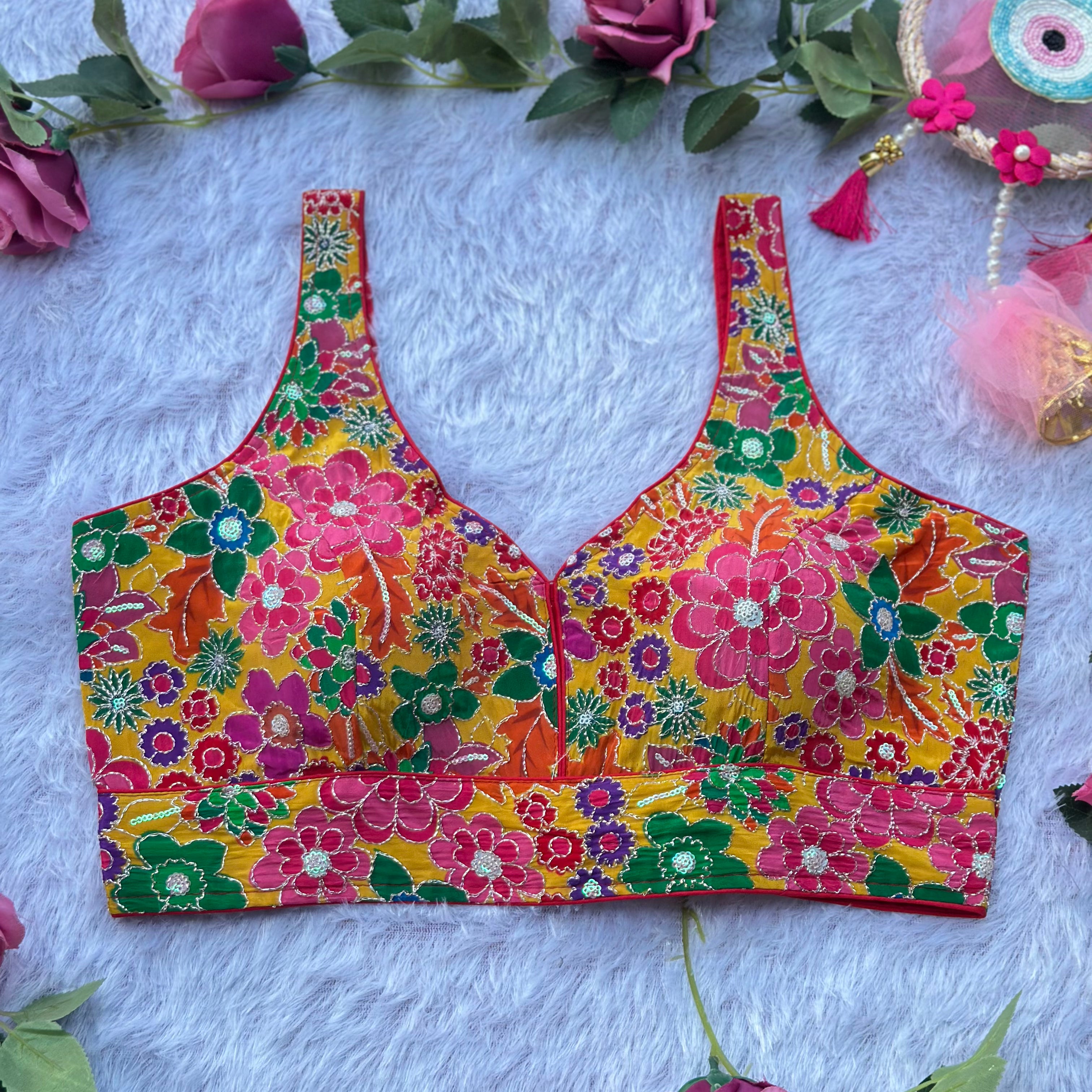 NEW POSITION PRINT WITH EMBROIDERY WORK SPAGHETTI BLOUSE